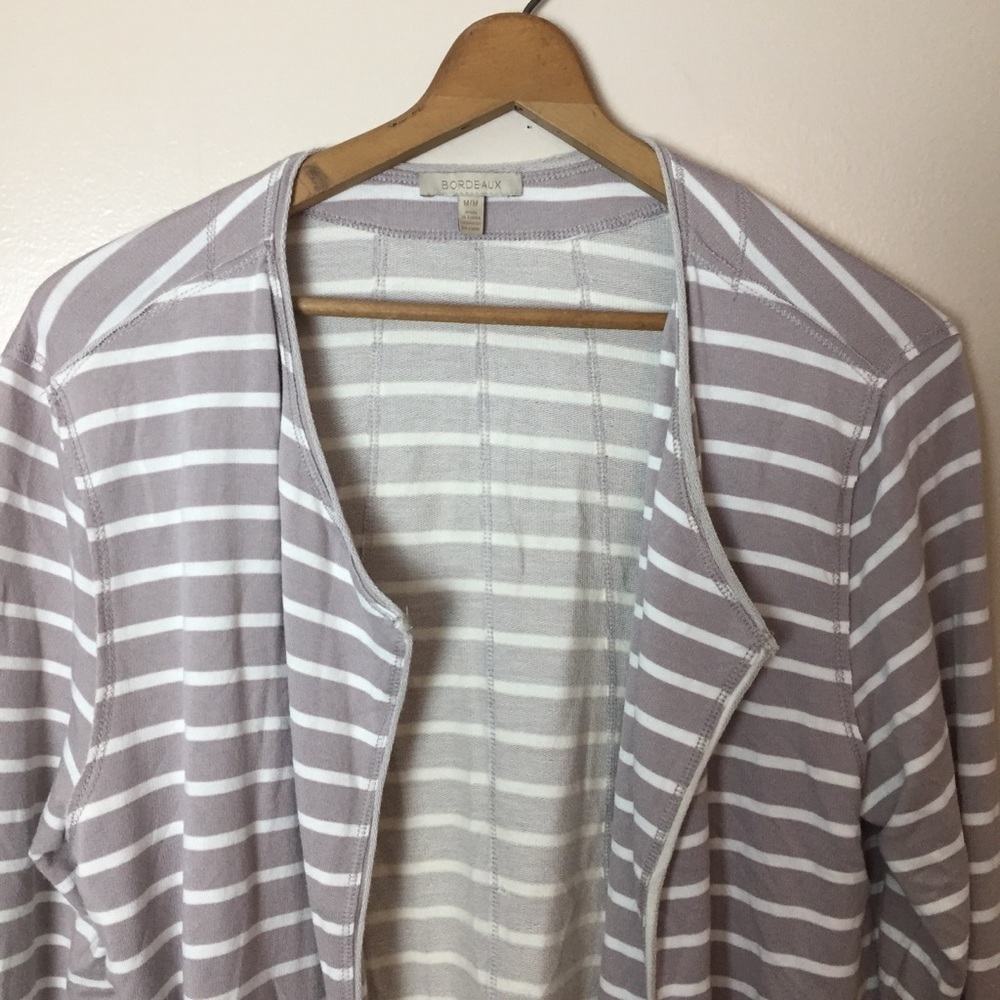 [Bordeaux] Mauve White Stripe Open Front Cardigan - image 3